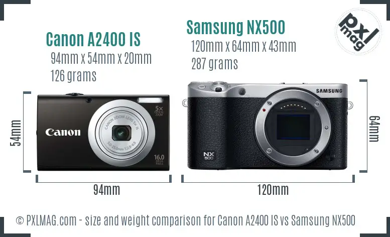 Canon A2400 IS vs Samsung NX500 size comparison