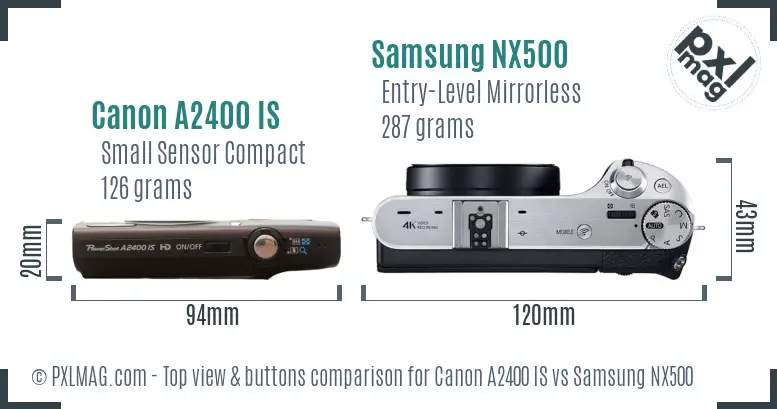 Canon A2400 IS vs Samsung NX500 top view buttons comparison