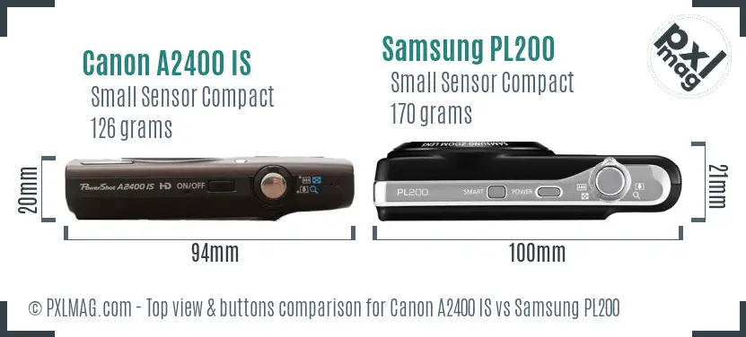 Canon A2400 IS vs Samsung PL200 top view buttons comparison Canon A2400 IS vs Samsung PL200 top view buttons comparison