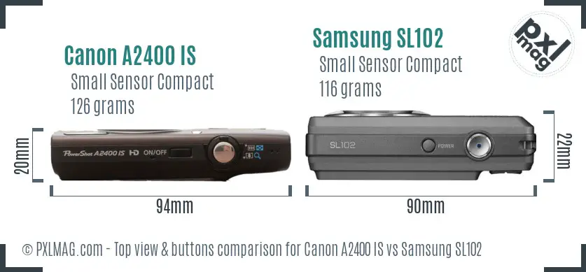 Canon A2400 IS vs Samsung SL102 top view buttons comparison