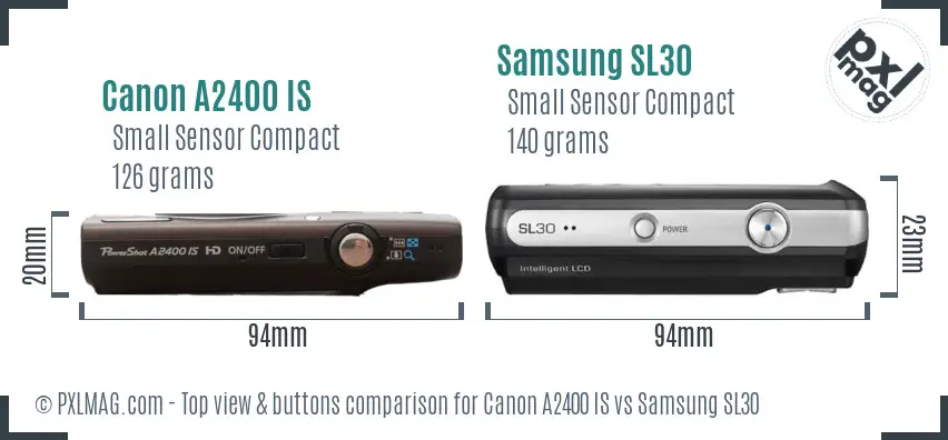 Canon A2400 IS vs Samsung SL30 top view buttons comparison