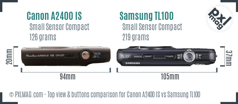 Canon A2400 IS vs Samsung TL100 top view buttons comparison