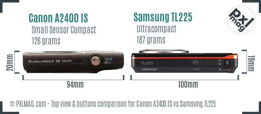Canon A2400 IS vs Samsung TL225 top view buttons comparison
