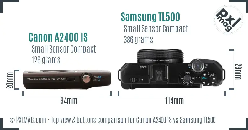 Canon A2400 IS vs Samsung TL500 top view buttons comparison
