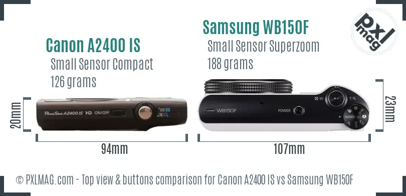 Canon A2400 IS vs Samsung WB150F top view buttons comparison