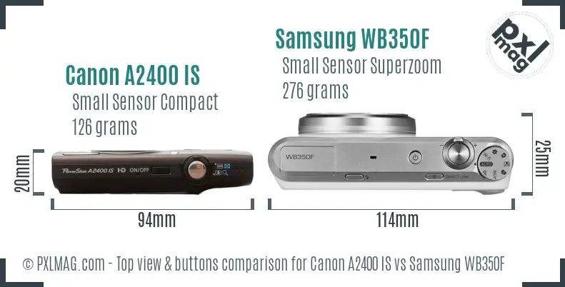 Canon A2400 IS vs Samsung WB350F top view buttons comparison