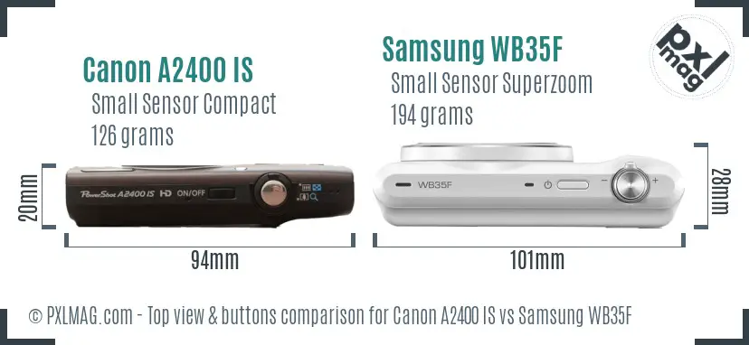 Canon A2400 IS vs Samsung WB35F top view buttons comparison