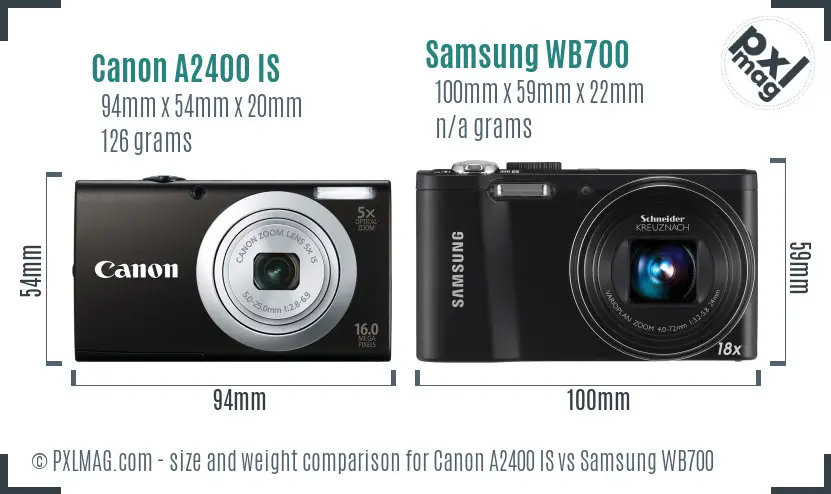 Canon A2400 IS vs Samsung WB700 size comparison