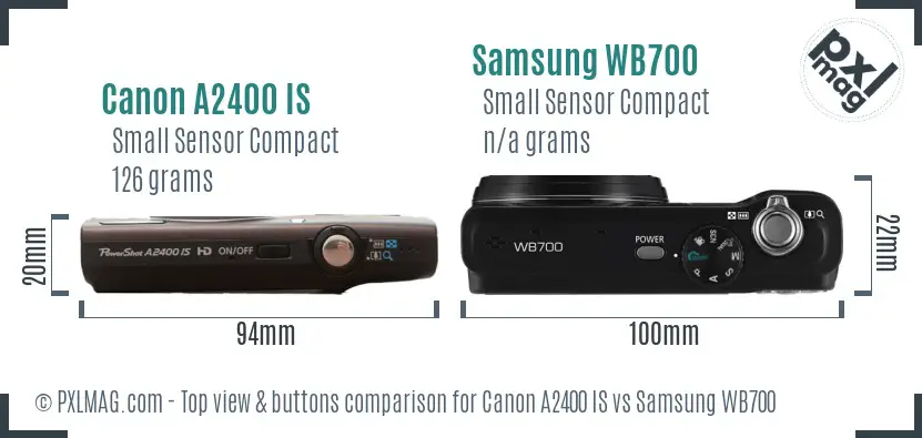 Canon A2400 IS vs Samsung WB700 top view buttons comparison