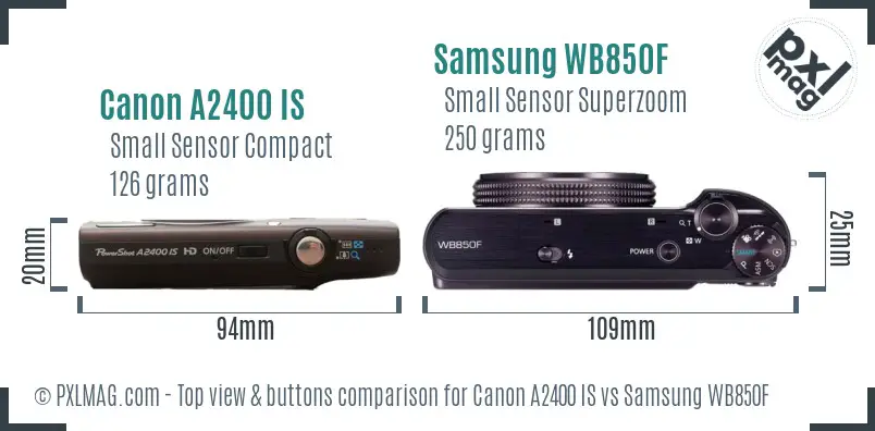 Canon A2400 IS vs Samsung WB850F top view buttons comparison