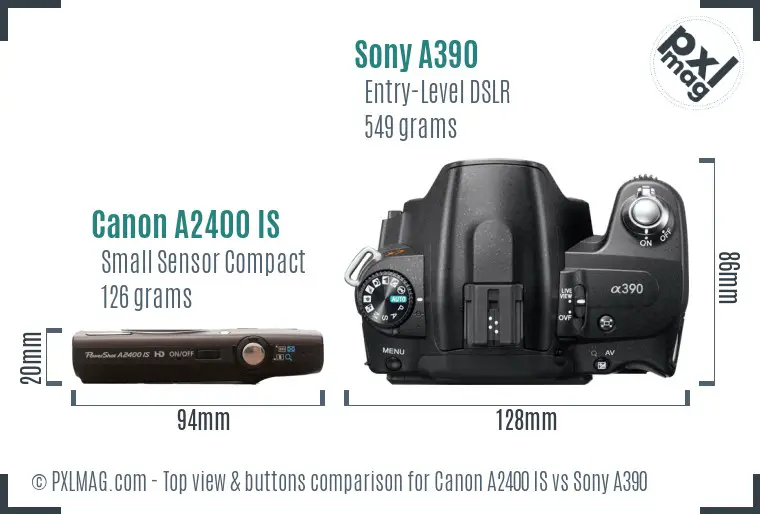 Canon A2400 IS vs Sony A390 top view buttons comparison