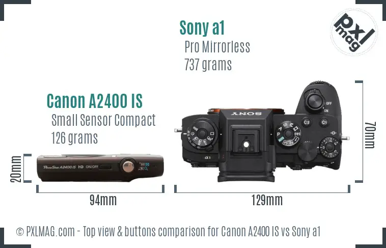 Canon A2400 IS vs Sony a1 top view buttons comparison