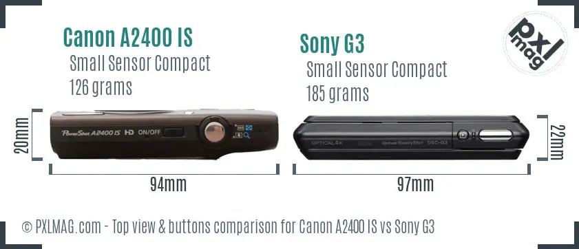 Canon A2400 IS vs Sony G3 top view buttons comparison
