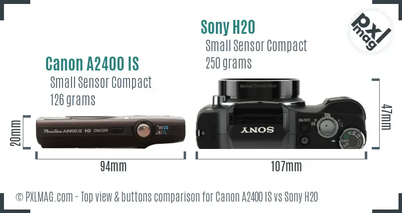 Canon A2400 IS vs Sony H20 top view buttons comparison Canon A2400 IS vs Sony H20 top view buttons comparison