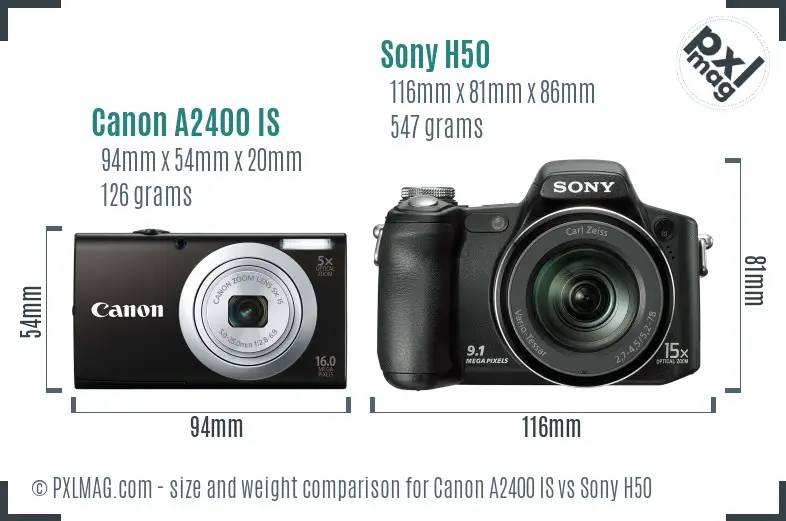 Canon A2400 IS vs Sony H50 size comparison