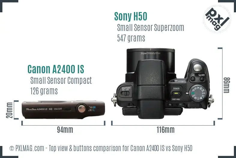 Canon A2400 IS vs Sony H50 top view buttons comparison