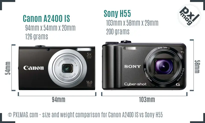 Canon A2400 IS vs Sony H55 size comparison