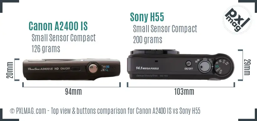 Canon A2400 IS vs Sony H55 top view buttons comparison
