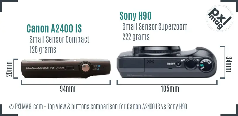 Canon A2400 IS vs Sony H90 top view buttons comparison Canon A2400 IS vs Sony H90 top view buttons comparison