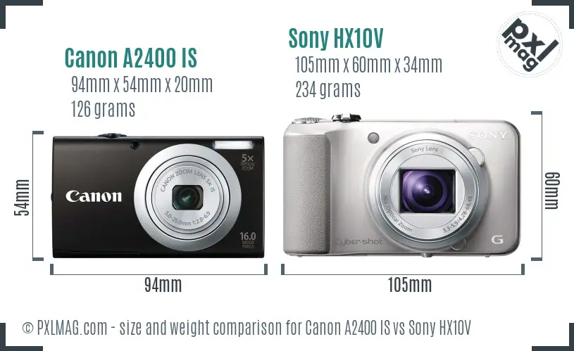 Canon A2400 IS vs Sony HX10V size comparison