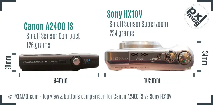 Canon A2400 IS vs Sony HX10V top view buttons comparison