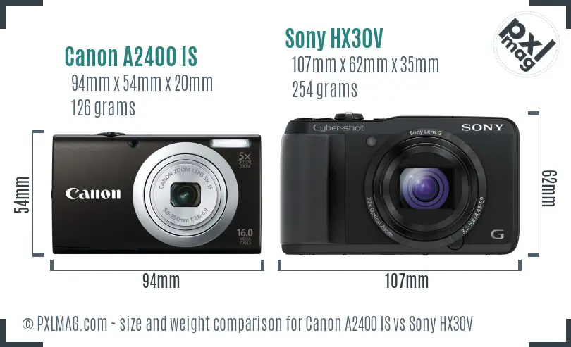 Canon A2400 IS vs Sony HX30V size comparison
