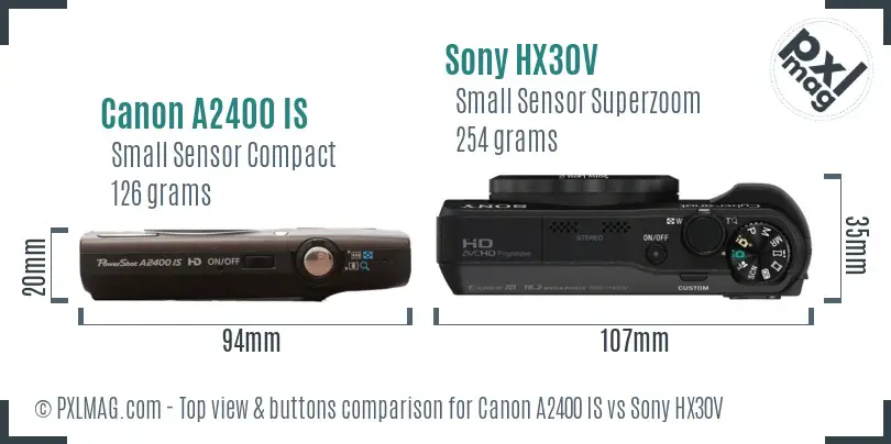 Canon A2400 IS vs Sony HX30V top view buttons comparison