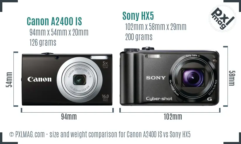 Canon A2400 IS vs Sony HX5 size comparison
