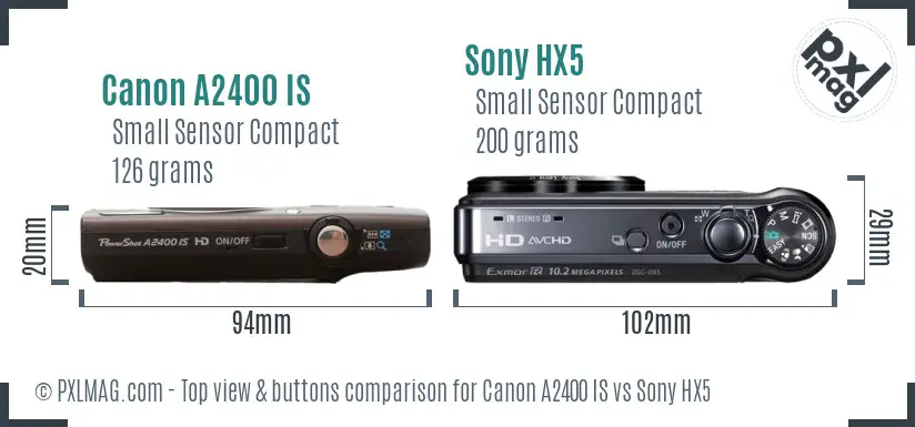 Canon A2400 IS vs Sony HX5 top view buttons comparison