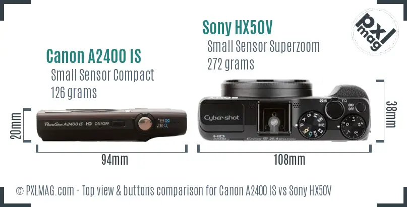 Canon A2400 IS vs Sony HX50V top view buttons comparison