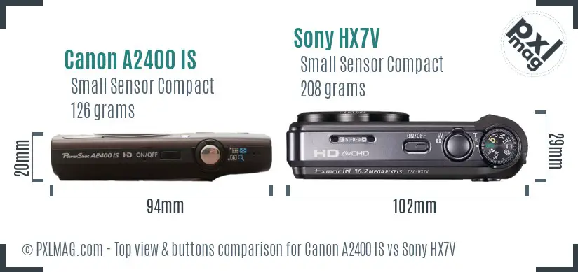 Canon A2400 IS vs Sony HX7V top view buttons comparison