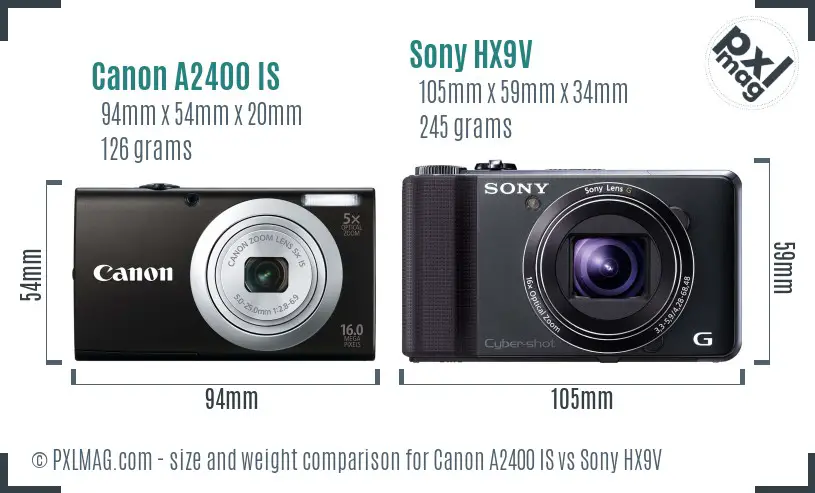 Canon A2400 IS vs Sony HX9V size comparison