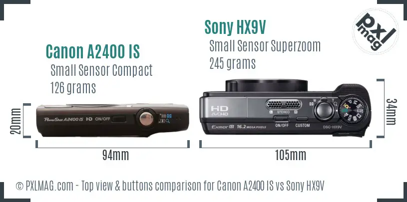 Canon A2400 IS vs Sony HX9V top view buttons comparison