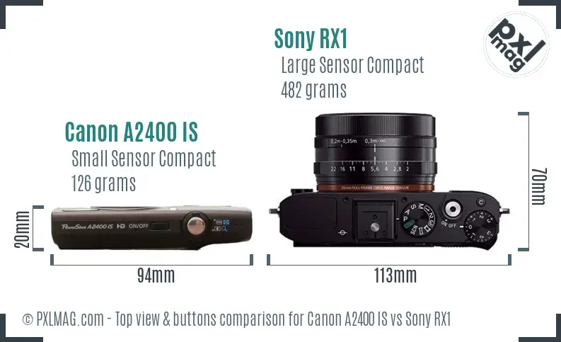 Canon A2400 IS vs Sony RX1 top view buttons comparison