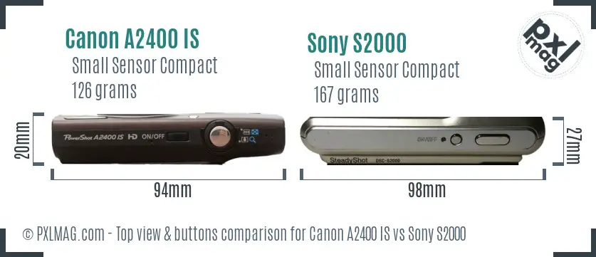 Canon A2400 IS vs Sony S2000 top view buttons comparison