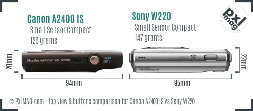 Canon A2400 IS vs Sony W220 top view buttons comparison