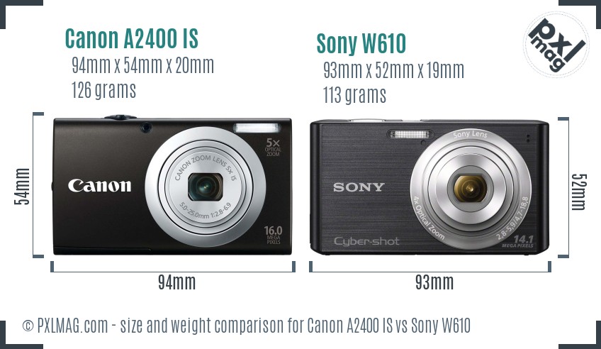 Canon A2400 IS vs Sony W610 size comparison