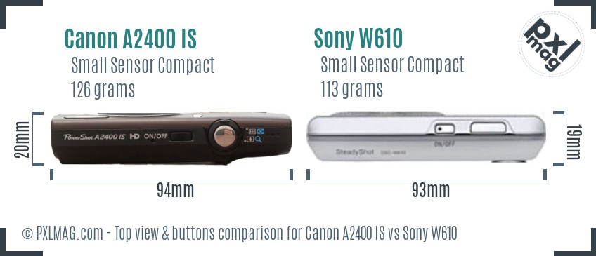 Canon A2400 IS vs Sony W610 top view buttons comparison