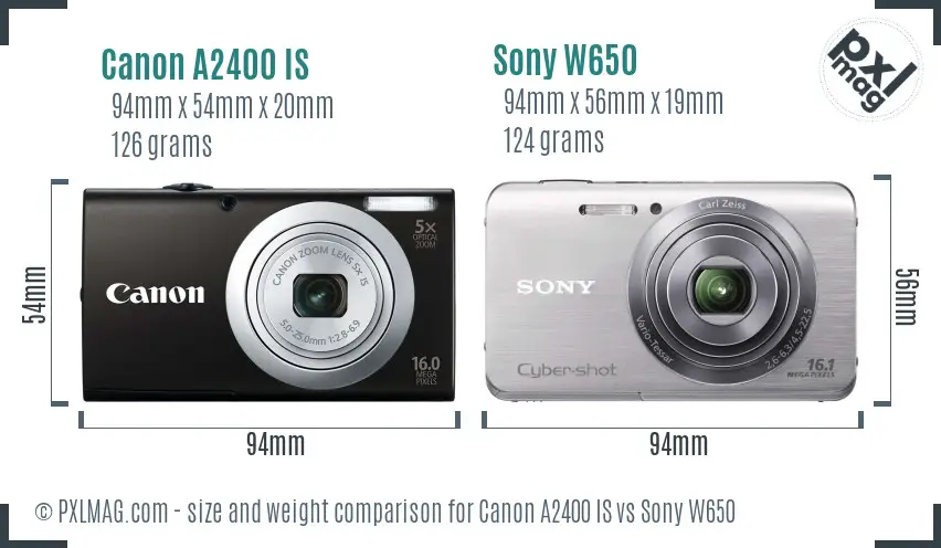Canon A2400 IS vs Sony W650 size comparison