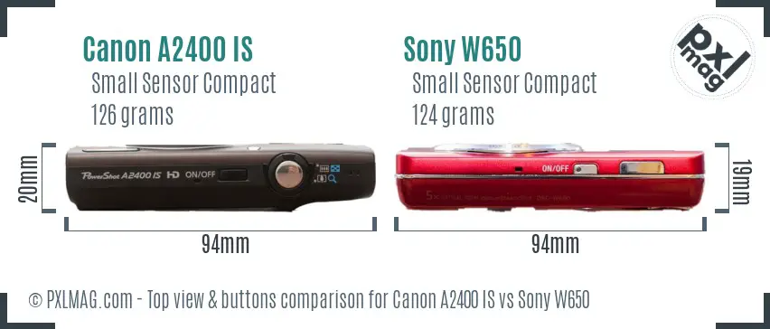 Canon A2400 IS vs Sony W650 top view buttons comparison