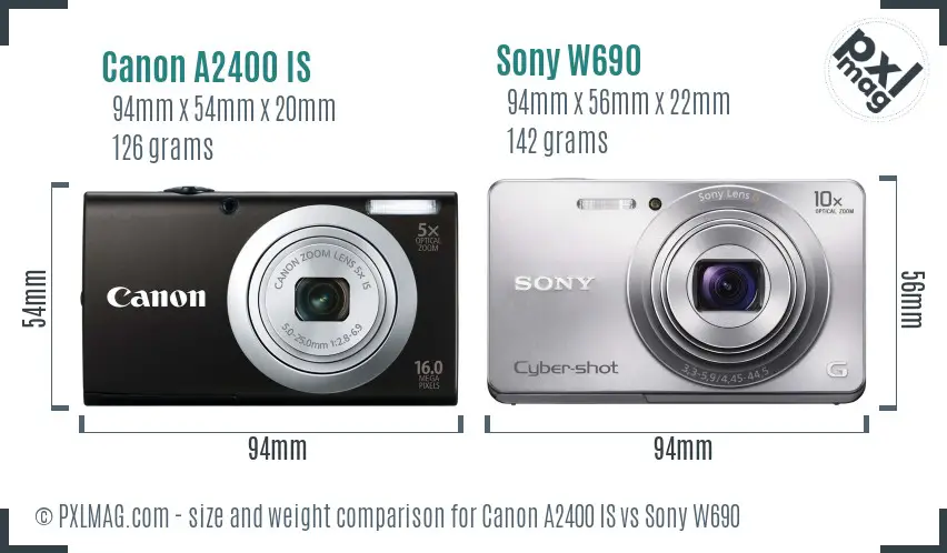 Canon A2400 IS vs Sony W690 size comparison