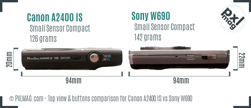 Canon A2400 IS vs Sony W690 top view buttons comparison