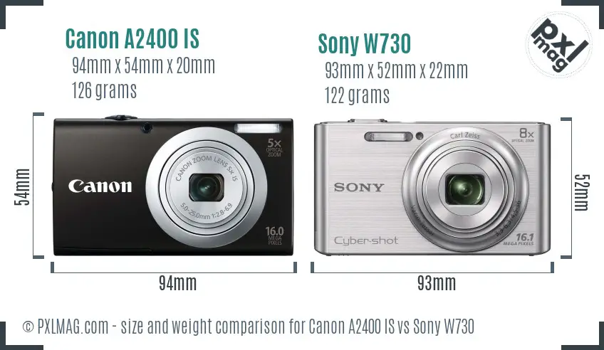 Canon A2400 IS vs Sony W730 size comparison