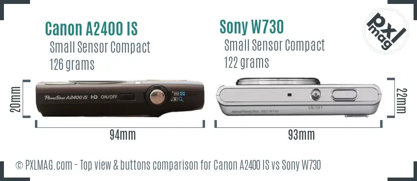 Canon A2400 IS vs Sony W730 top view buttons comparison