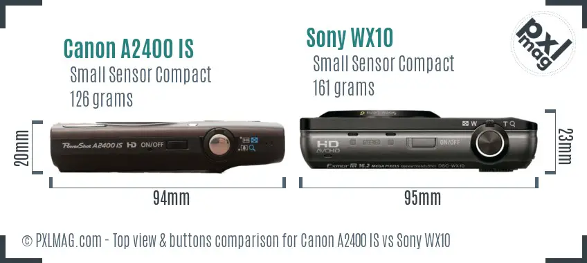 Canon A2400 IS vs Sony WX10 top view buttons comparison