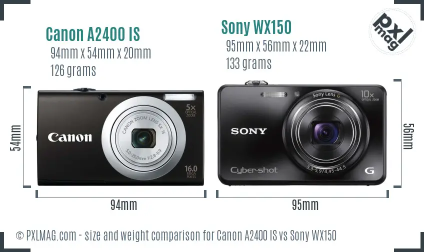 Canon A2400 IS vs Sony WX150 size comparison
