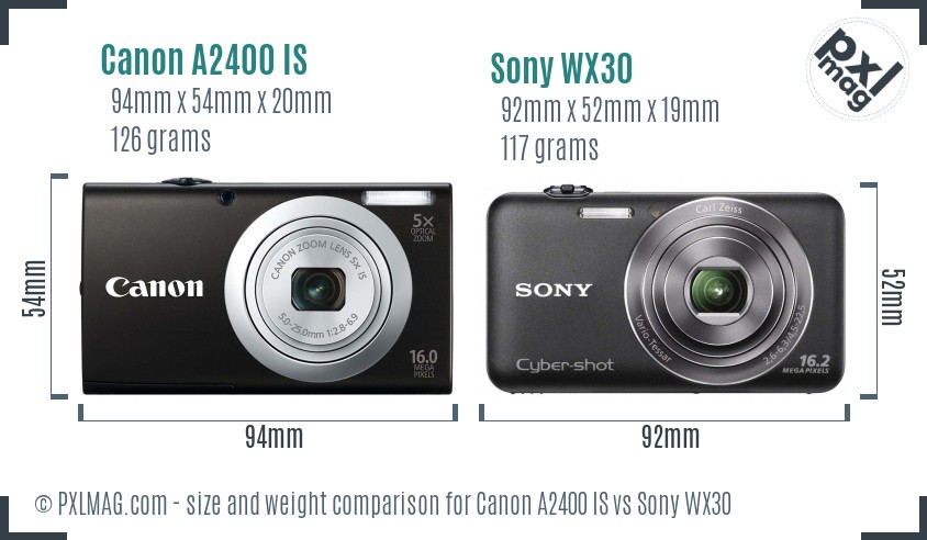 Canon A2400 IS vs Sony WX30 size comparison