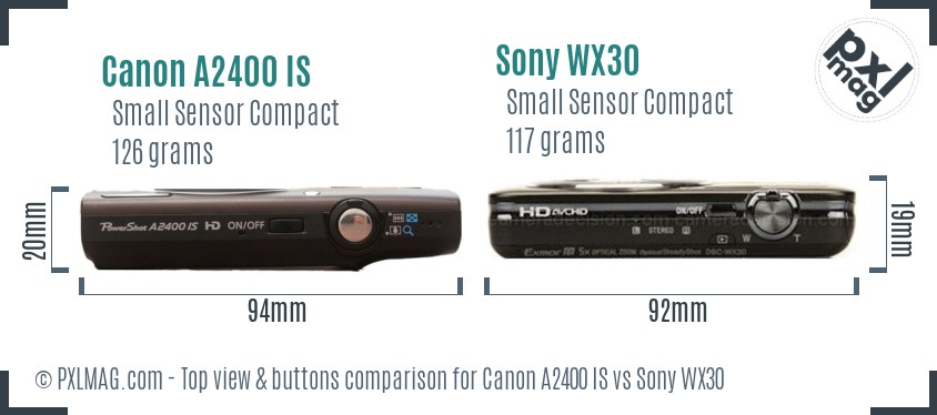 Canon A2400 IS vs Sony WX30 top view buttons comparison