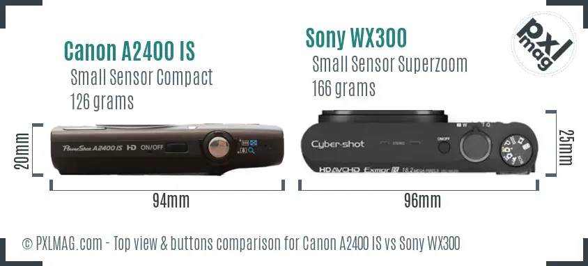 Canon A2400 IS vs Sony WX300 top view buttons comparison