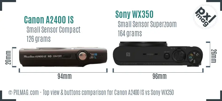 Canon A2400 IS vs Sony WX350 top view buttons comparison